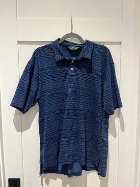 Orvis Men's Blue Tribal Geometric Print Short Sleeve Polo Shirt Made in Peru